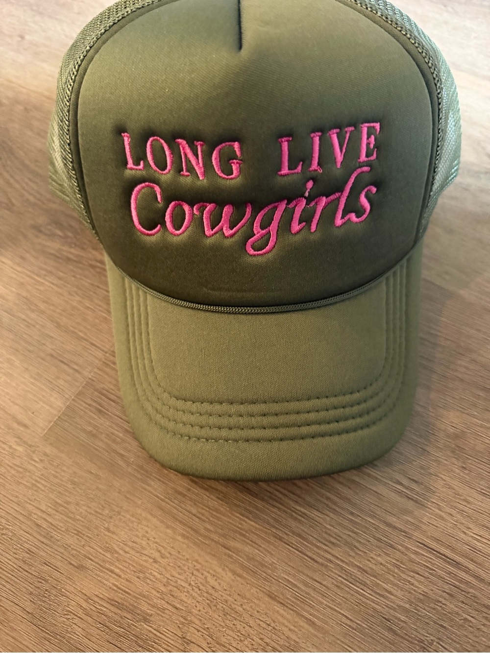 Olive Green Trucker Hat with Pink "Long Live Cowgirls" Embroidery